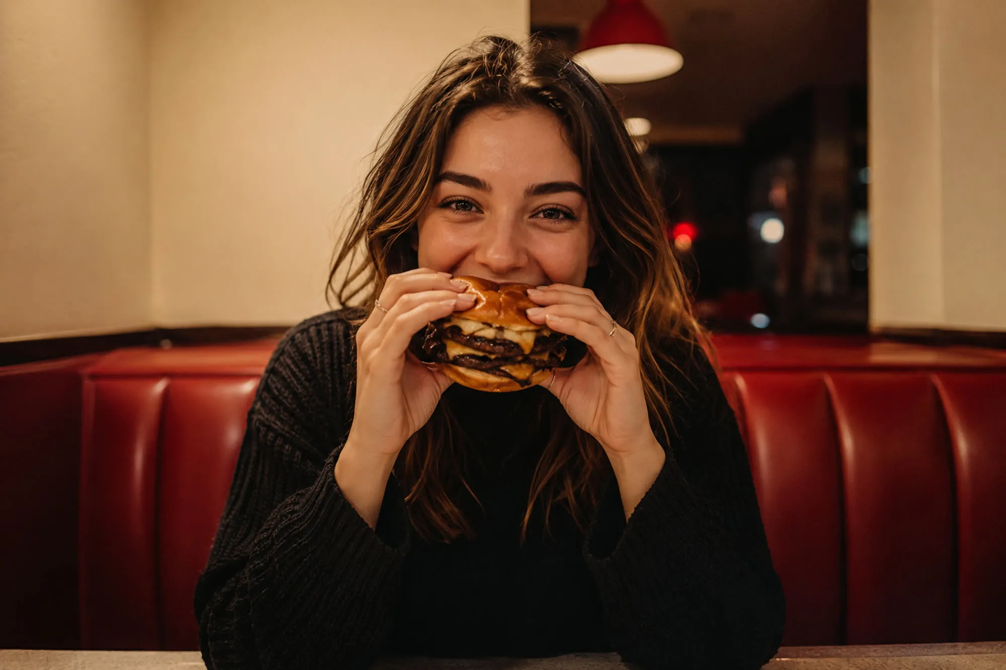 A guest eating at the counter, the kitchen behind